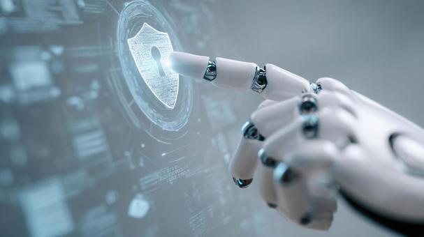 鍵のアイコンを指す、白いロボットハンド 鍵のアイコンを指す、白いロボットハンドの写真