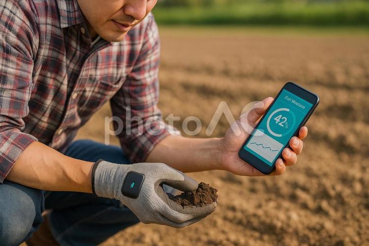 農場水分手袋測定　センサー内蔵手袋で分析 土壌水分,スマート手袋,農業iotの写真素材