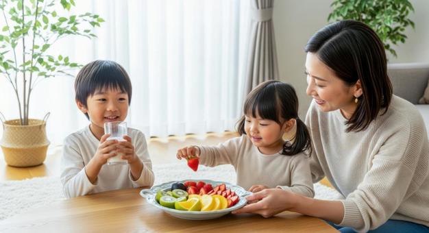 母と子供2人が食卓にいる朝食シーンの写真