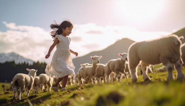 牧場の羊、走る女の子 牧場の羊、走る女の子の写真
