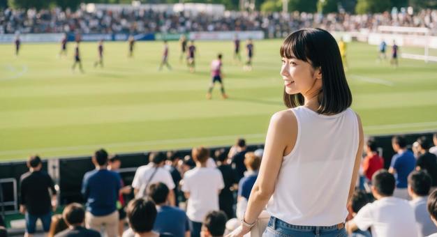 サッカースタジアムで観戦を楽しむ女性 サッカースタジアムで観戦を楽しむ女性の写真