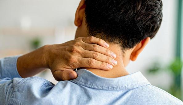寝違えて首痛に苦しむ男性 寝違えて首痛に苦しむ男性の写真