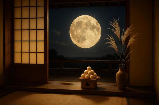 窓越しに見える満月と団子飾り 窓越しに見える満月と団子飾りの写真