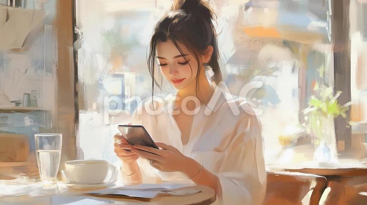 カフェでスマホを操作する女性 カフェ,女性,操作の写真素材