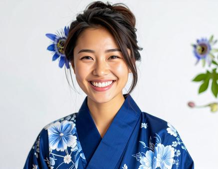 時計草（トケイソウ）と浴衣の彼女の写真