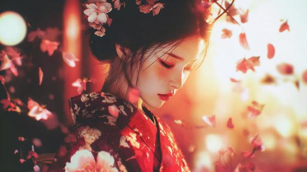 花びら舞う和装女性の写真