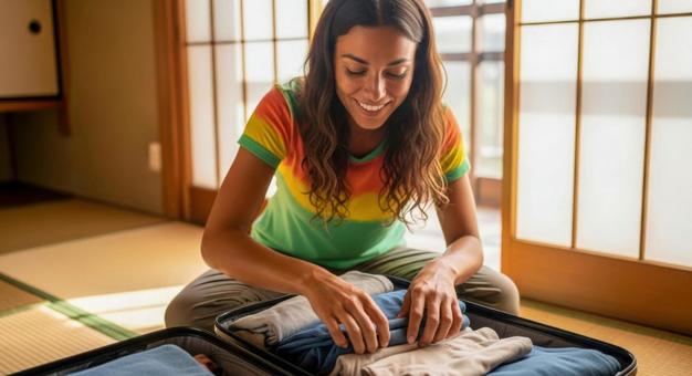 和室で荷物を片付ける外国人女性 和室で荷物を片付ける外国人女性の写真