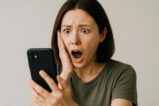スマホを見て驚いている女性 スマホを見て驚いている女性の写真