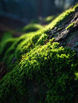 瑞々しい緑の苔が広がる神秘的な森 瑞々しい緑の苔が広がる神秘的な森の写真