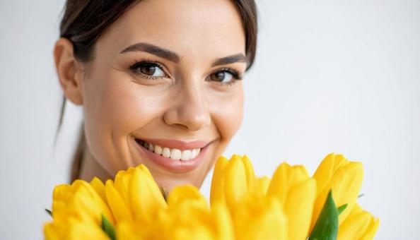 ナチュラルな笑顔の女性　花束　明るいの写真