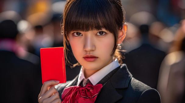人混みレッドカードを掲げる女子高生2の写真