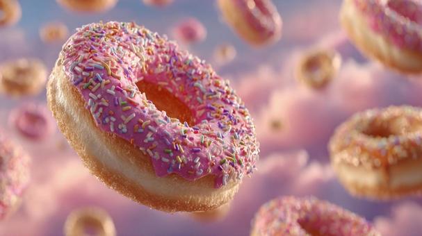 空中に舞う、可愛いピンクのドーナツの写真