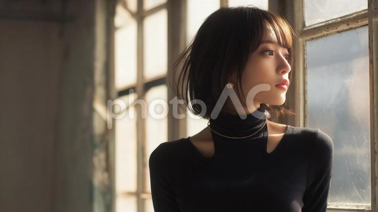 窓を見つめてぼんやりする女性 女性,窓辺,ぼんやりの写真素材