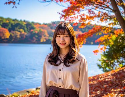 紅葉が綺麗な湖畔での写真