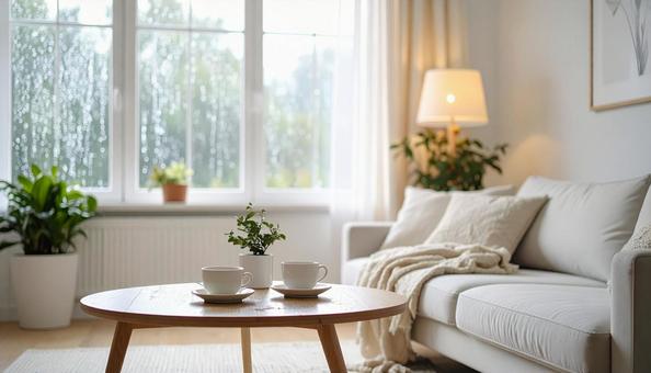 リビングの窓際に置かれたソファとテーブル リビングの窓際に置かれたソファとテーブルの写真