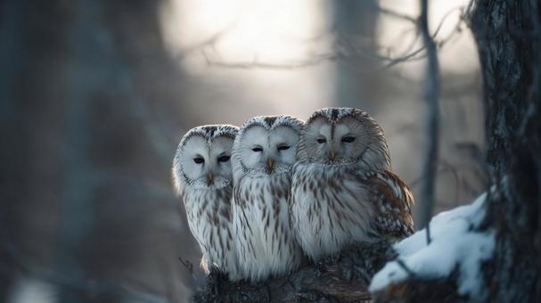 大自然の絆:3羽のフクロウのグループ 大自然の絆:3羽のフクロウのグループの写真