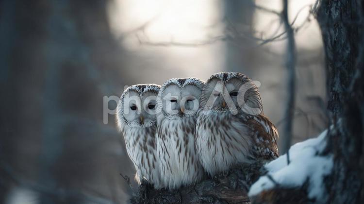 大自然の絆：3羽のフクロウのグループ フクロウ,鳥,動物の写真素材