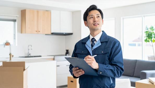 リビング・キッチンを点検する作業服の男性 リビング・キッチンを点検する作業服の男性の写真