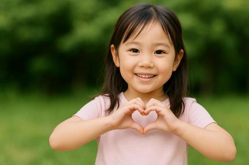 手でハートを作る笑顔の女の子の写真