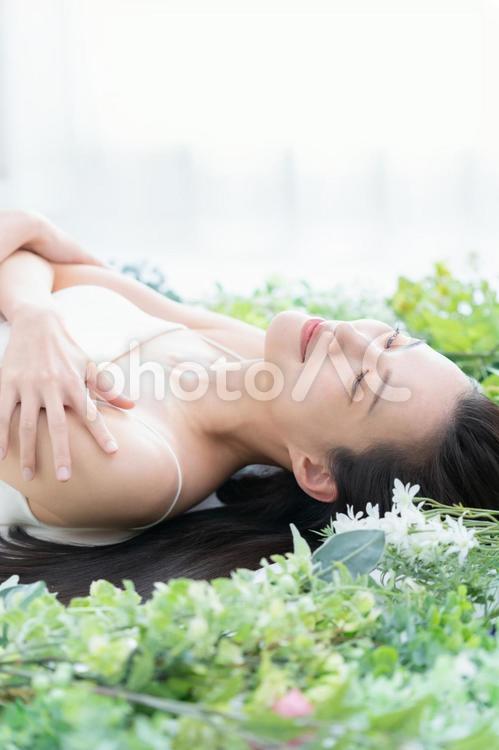 緑の中でスキンケアをする若い女性 ビューティー,女性,スキンケアの写真素材