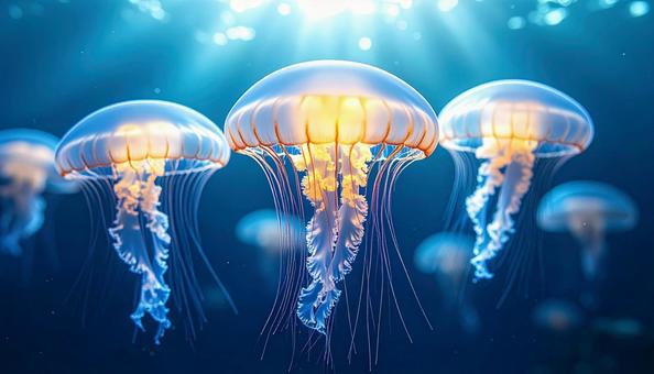 光に浮かぶクラゲの群れの写真