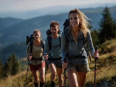 山岳地帯をトレッキングする男女 山岳地帯をトレッキングする男女の写真