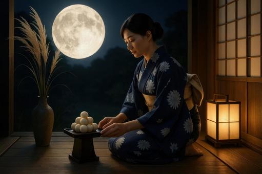 縁側で月見団子を供える女性 縁側で月見団子を供える女性の写真