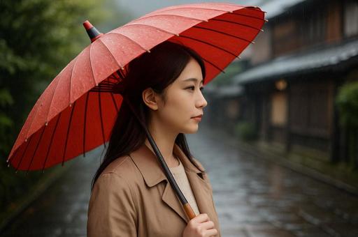 和傘を差す女性の横顔 和傘を差す女性の横顔の写真