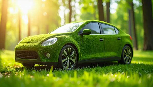 緑の葉っぱで構成されたエコカーの写真