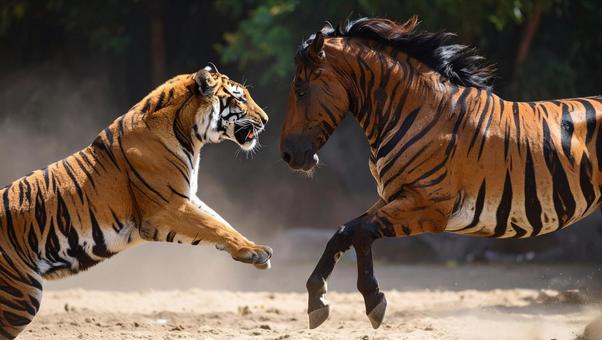 虎柄の馬と虎との戦い 虎柄の馬と虎との戦いの写真
