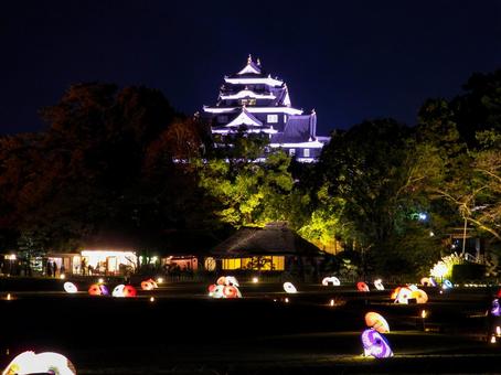 ライトアップされた和傘と岡山城天守閣 岡山城,岡山後楽園,ライトアップの写真素材