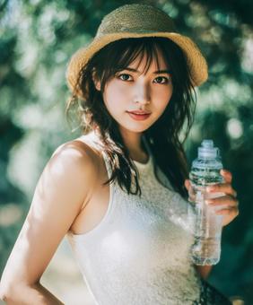 水分補給をする帽子を被った女性の写真