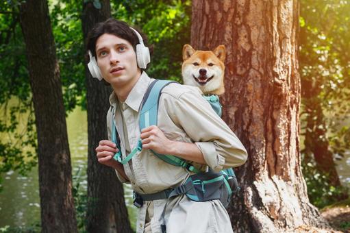 男性の背中に乗る犬　日差し 男性,外国人,犬の写真素材