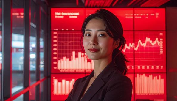 ディルプレイのチャートの前に立つ女性社員 ディルプレイのチャートの前に立つ女性社員の写真