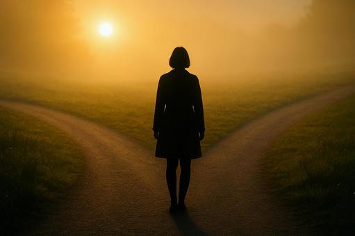 人生の岐路、重要な選択を前にする女性 人生の岐路、重要な選択を前にする女性の写真