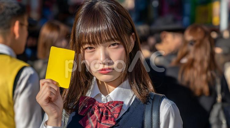 人混みでイエローカードを掲げる女子高生 イエローカード,人混み,女子高生の写真素材