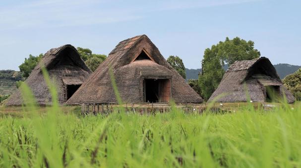 夏の登呂遺跡 竪穴式住居(背景置換) 夏の登呂遺跡 竪穴式住居(背景置換) 登呂遺跡,竪穴式住居,高床式倉庫の写真素材