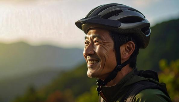 自転車用ヘルメットをかぶる男性 自転車用ヘルメットをかぶる男性の写真