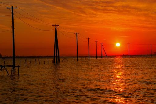 海中電柱 海中電柱,久津間海岸,木更津の写真素材