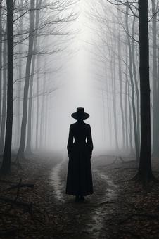 霧の森に立つ黒い服の女性 霧の森に立つ黒い服の女性の写真