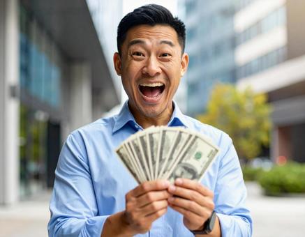 現金ボーナス!喜ぶビジネスパーソン・男性 現金ボーナス!喜ぶビジネスパーソン・男性の写真