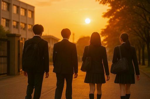 夕焼けに染まる高校生の下校風景の写真