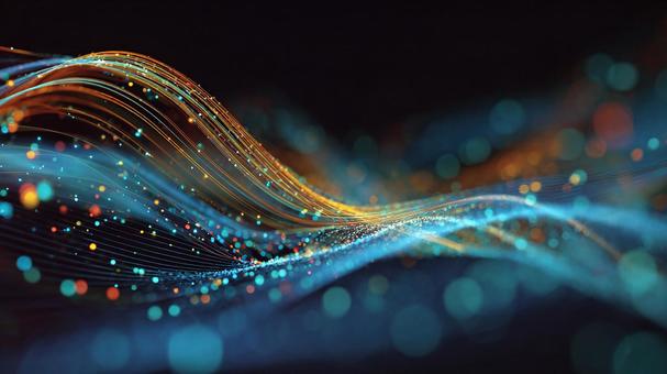 オレンジとブルーの光が流れるグラフィックの写真