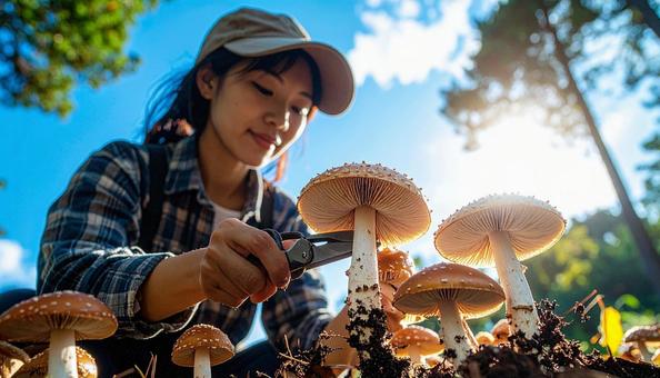 きのこ狩り キノコを収穫して笑顔の女性 きのこ狩り キノコを収穫して笑顔の女性の写真