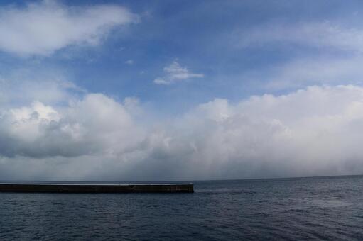 Photo, breakwater, horizontal line, blue sky, 