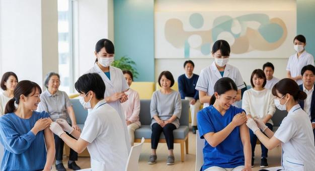 集団接種会場で予防接種を受ける人々 集団接種会場で予防接種を受ける人々の写真