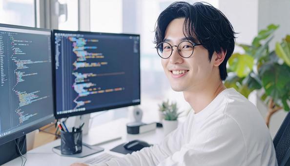 プログラミングをする男性エンジニア プログラミングをする男性エンジニアの写真