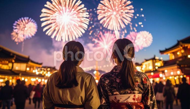 打ち上げ花火と浴衣姿の女性 花火,打ち上げ花火,浴衣の写真素材