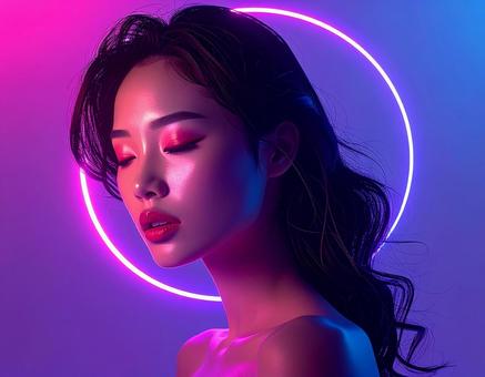 光の輪の中で目を閉じる女性のイメージ 光の輪の中で目を閉じる女性のイメージの写真