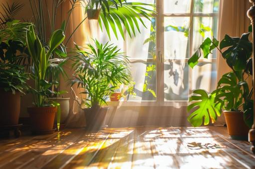観葉植物と朝日が差し込む窓辺の写真
